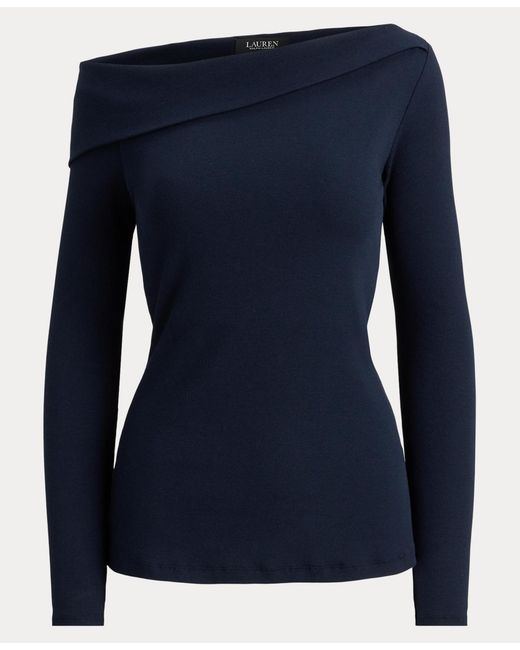 Ralph Lauren Blue Ribbed Asymmetrical Off-the-shoulder Top