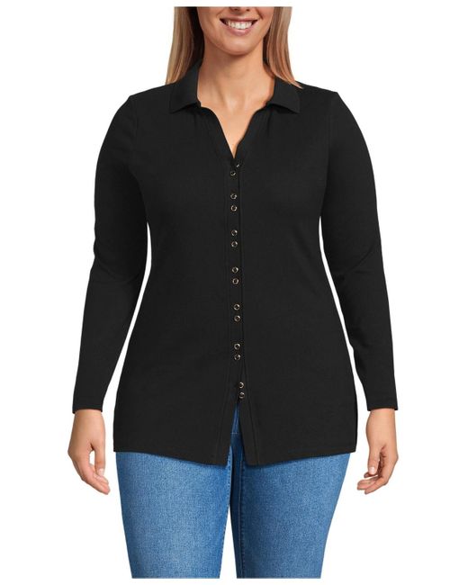 Lands' End Black Plus Size Long Sleeve Polished Rib Button Through Tunic Shirt