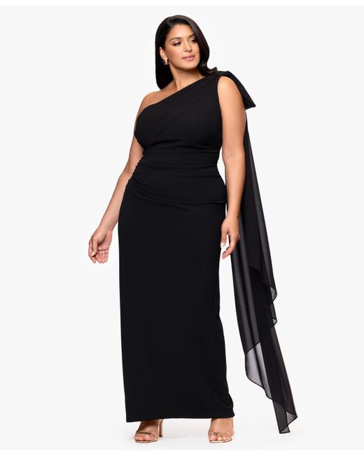 Xscape Blue Plus-size One-shoulder Sash Gown