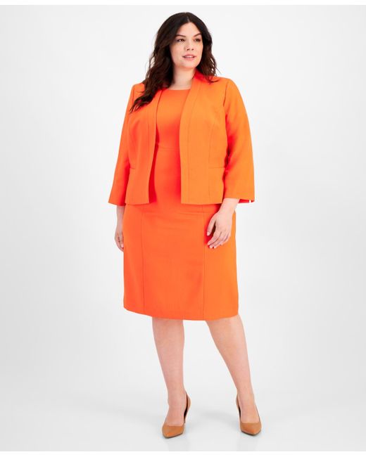 Le Suit Orange Plus Size Crepe Open Front Jacket And Crewneck Sheath Dress Suit