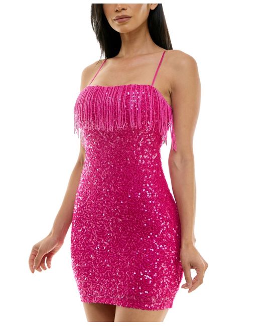 B Darlin Pink Sequin Beaded-fringe Mini Dress