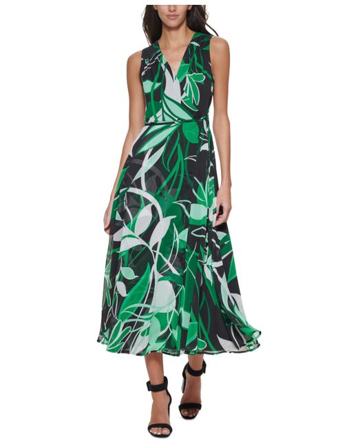 Calvin Klein Green Petite Surplice-neck Sleeveless A-line Dress