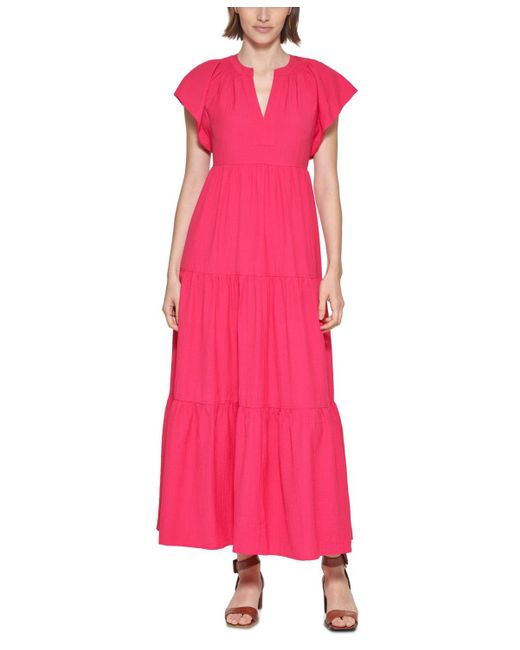 Calvin Klein Pink Petite V-neck Short-sleeve Tiered Maxi Dress