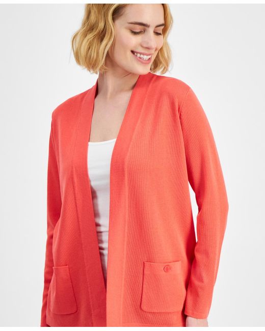 Anne Klein Red Petite Malibu Open-front Relaxed-fit Cardigan