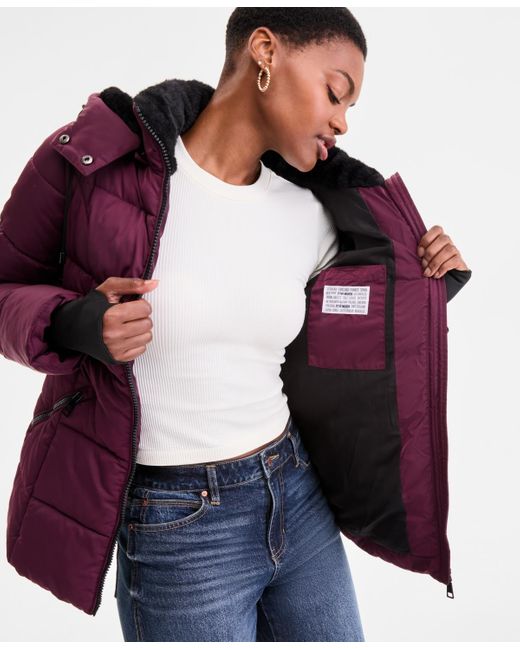 Steve Madden Purple Faux-fur-trim Hooded Puffer Coat