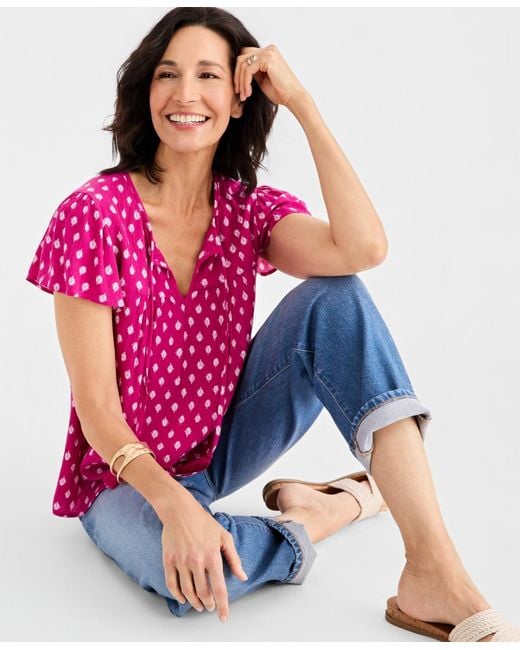 Style & Co. Pink Printed Split-neck Flutter-sleeve Blouse