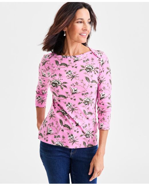 Style & Co. Pink Petite Cotton Printed 3/4-sleeve Boat-neck Top