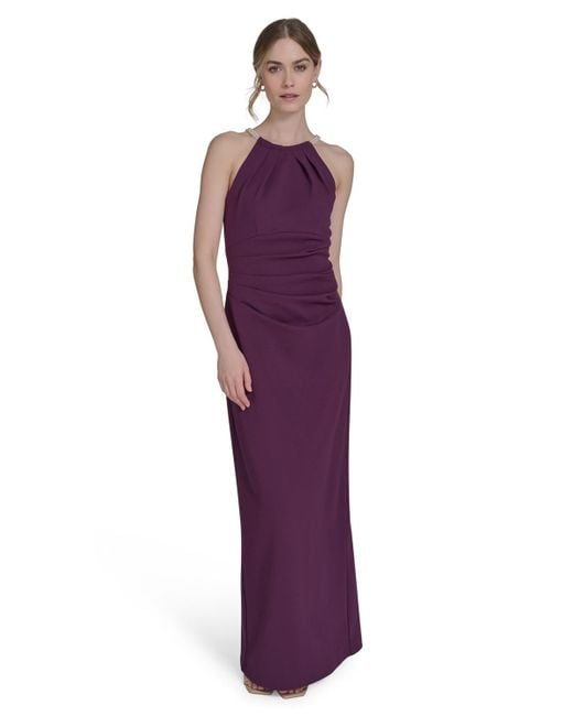 Eliza J Purple Petite Scuba Crepe Halter Side-tuck Gown