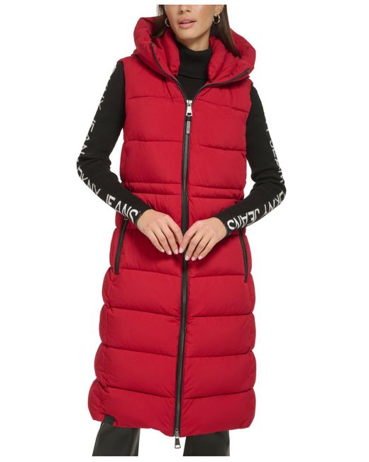 DKNY Red Long Matte Sleeveless Puffer Jacket
