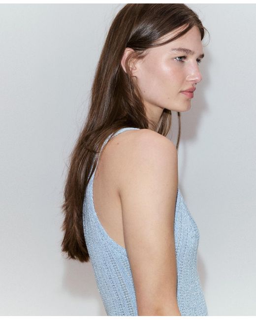 Mango Blue Metallic Openwork Knit Top