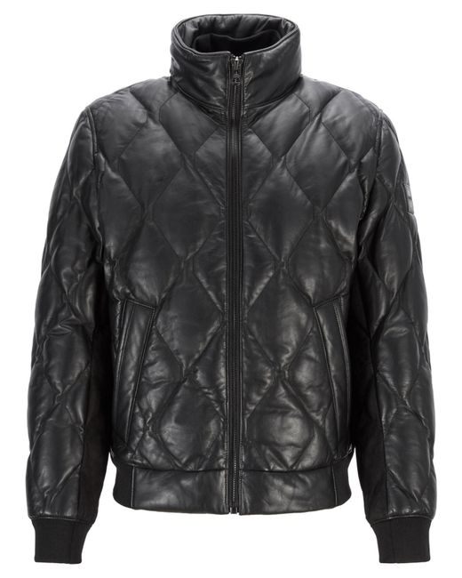 BOSS Black Quilted Bomber Jacket In Olive-tanned Leather for men