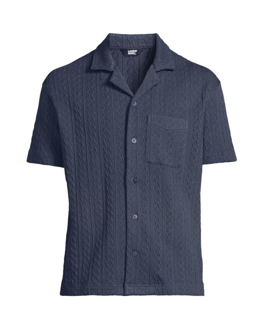 Lands' End Blue Short Sleeve Textured Cable Camp Collar Button Through Shirt for men