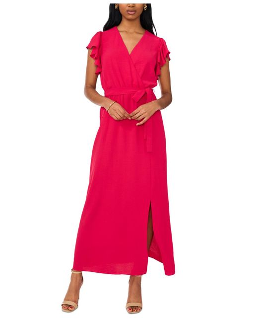 Msk Pink V-neck Flutter-sleeve Belted Maxi Dress