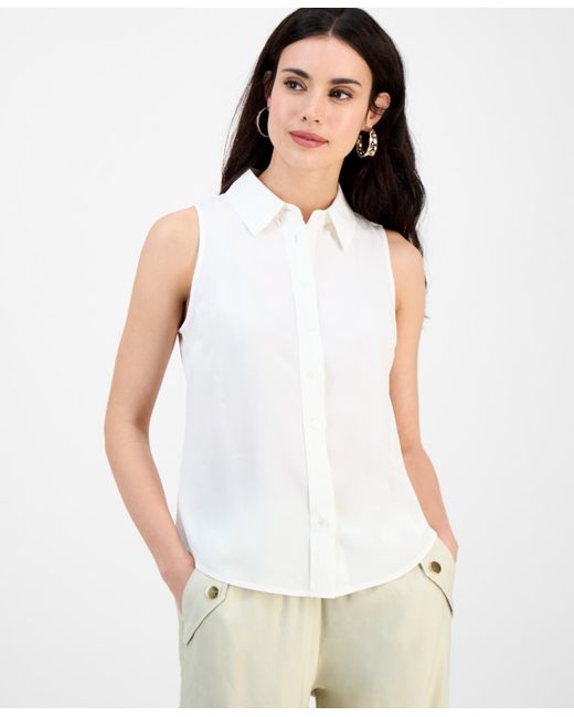 INC International Concepts White Petite Spread-collar Button-front Top