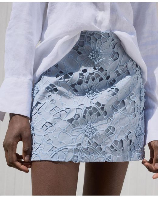 Mango Blue Embroidered Cotton Skirt