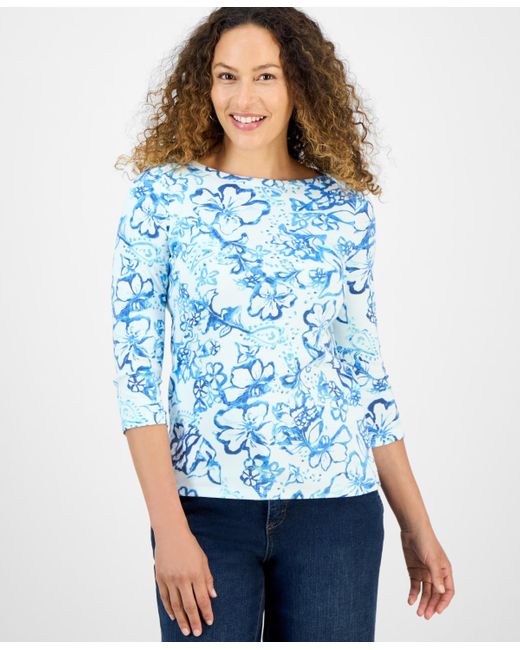 Style & Co. Blue Petite Floral Print Pima Cotton 3/4-sleeve Top