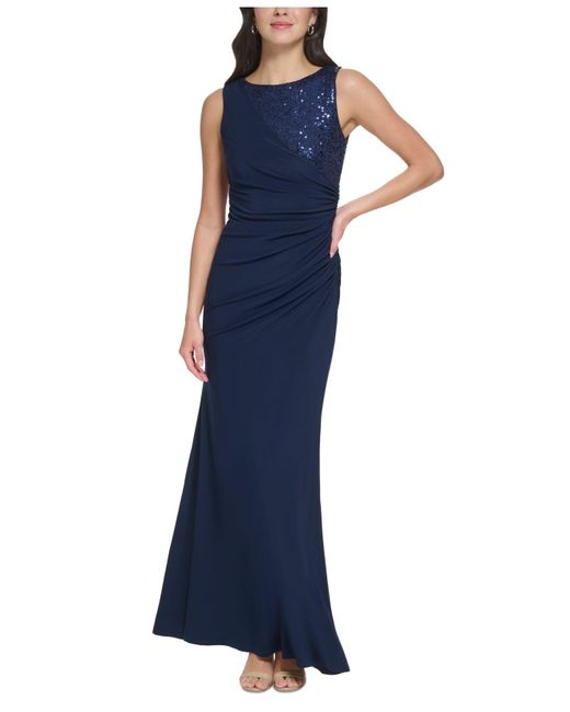 Jessica Howard Sequined Ruched Asymmetrical Gown in Blue