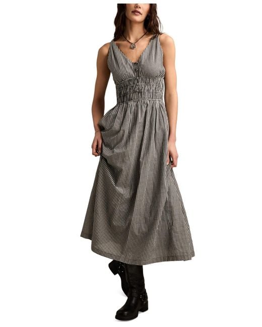 Lucky Brand Black Cotton V-neck Smocked-waist Midi Dress