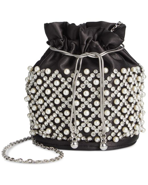 INC International Concepts Black Drawstring Embellished Pearl Bucket Bag
