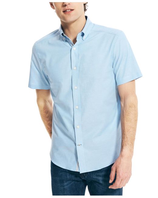 Nautica Blue Classic-fit Short-sleeve Solid Stretch Oxford Shirt for men
