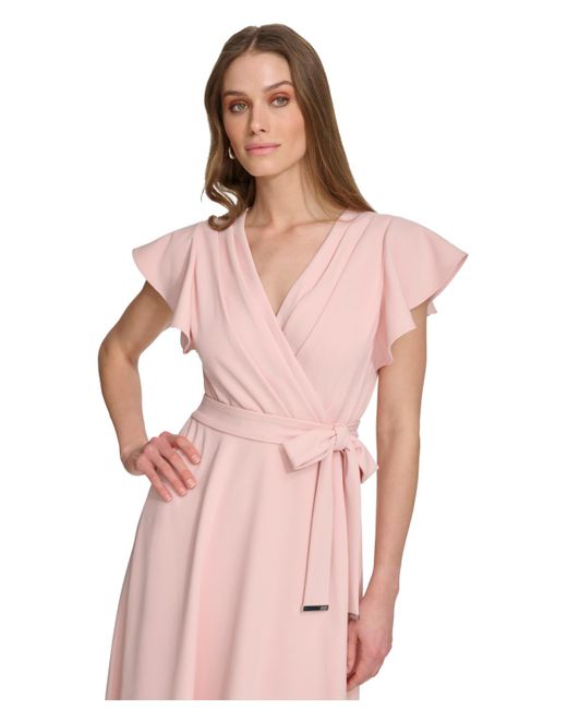 DKNY Pink Flutter-sleeve Tie-waist Faux-wrap Dress