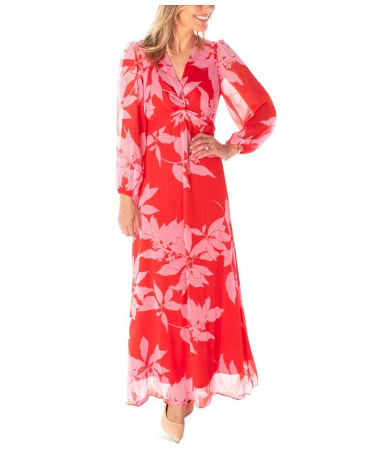 Maison Tara Red Front-print Chiffon Maxi Dress