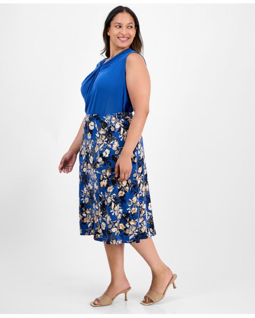 Kasper Blue Plus Size Floral-print Midi Skirt