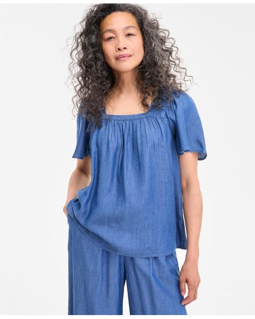 Style & Co. Blue Petite Flutter-sleeve Chambray Top