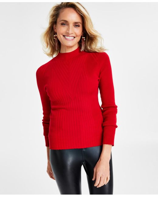 INC International Concepts Red Detail Ribbed Mock Neck Sweater