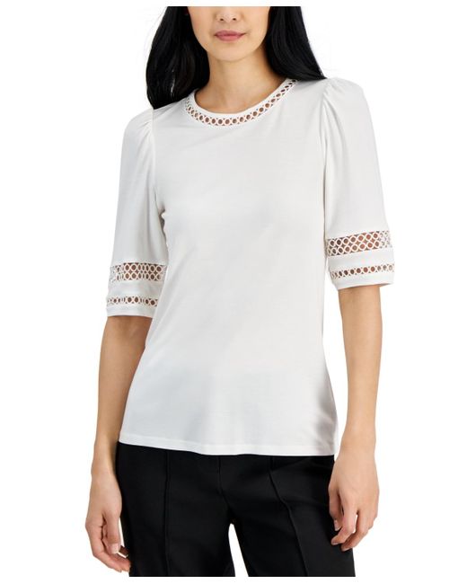 Anne Klein White Harmony Lace-inset Elbow-sleeve Top