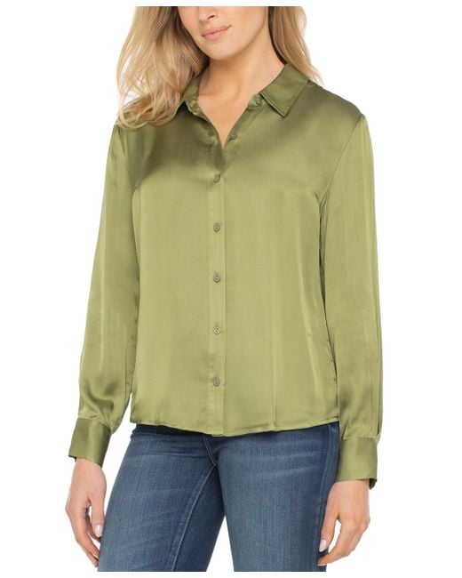 Liverpool Los Angeles Green Long-sleeve Button-front Satin Shirt