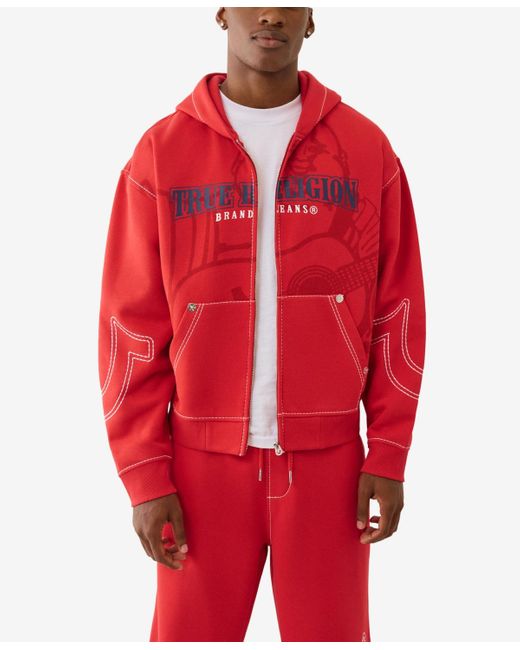 True Religion Red Cinched Big T Zip Up Hoodie for men