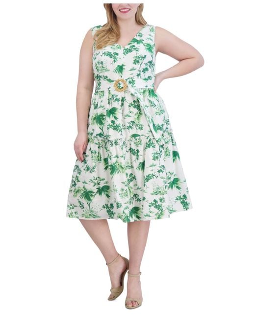 Vince Camuto Green Plus Size Printed Belted Cotton Midi Dress