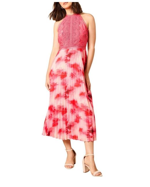 Oasis Red Printed Lace Mix Halterneck Midi Dress