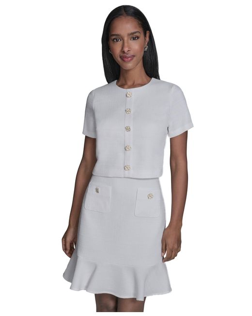 karl lagerfeld white dress Women's Cotton Belted Shirt In neck sleeveless midi cut from crisp poplin and centered with a dainty waist tie. KARL LAGERFELD Crewneck Ruffle Hem