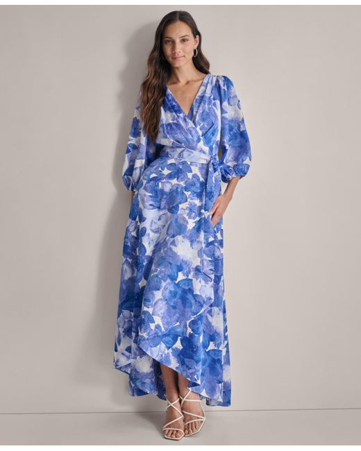 DKNY Blue Satin 3/4-sleeve High-low Dress
