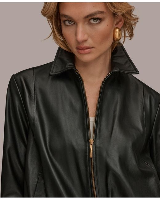 Donna Karan Black Leather Bomber Jacket