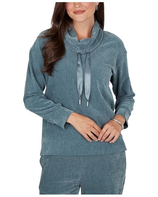 Ruby Rd Blue Cowl Neck Ribbed Knit Long Sleeve Pullover