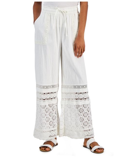 Style & Co. White Cotton Crochet Wide-leg Pull-on Pants, Created For Macy's