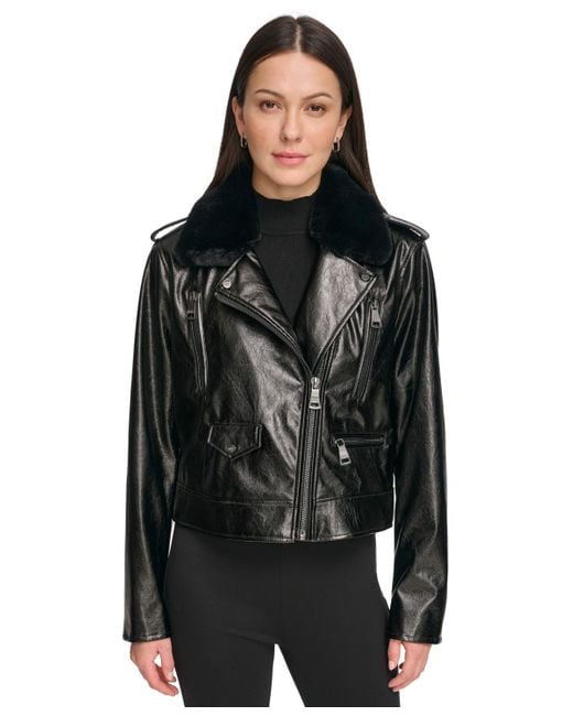 DKNY Black Crackle Faux-leather Long-sleeve Moto Jacket