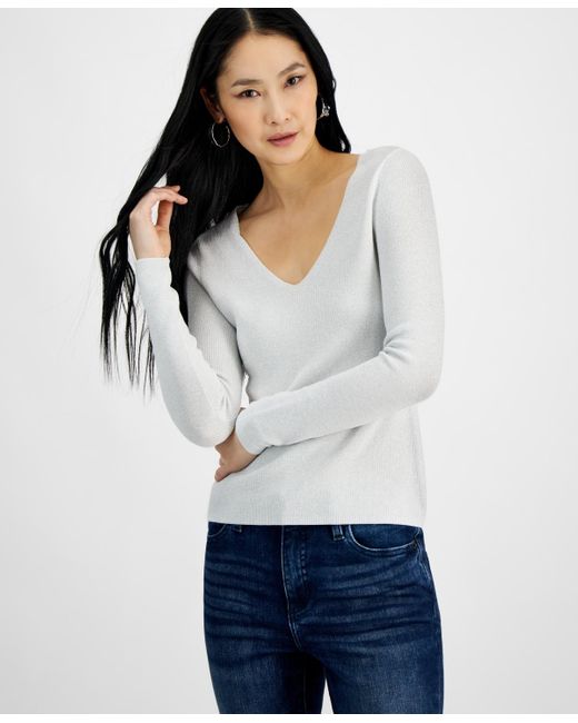 INC International Concepts White V-neck Metallic Sweater