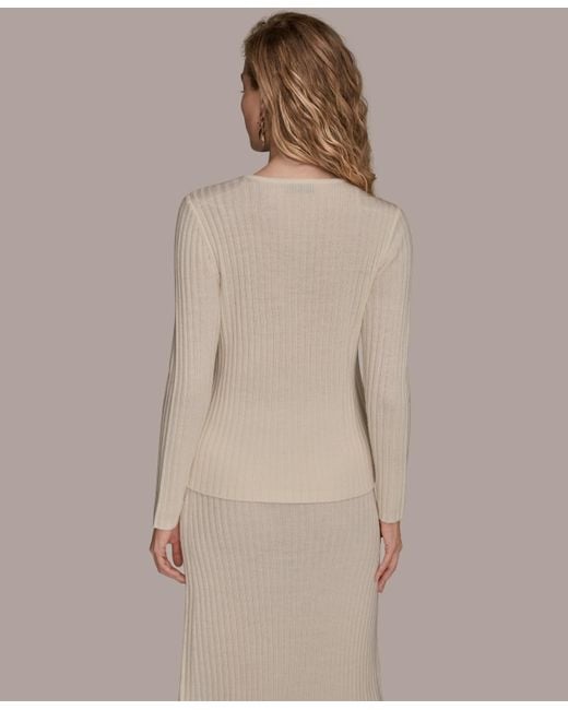 Donna Karan Natural Ribbed V-neck Long Sleeve Sweater