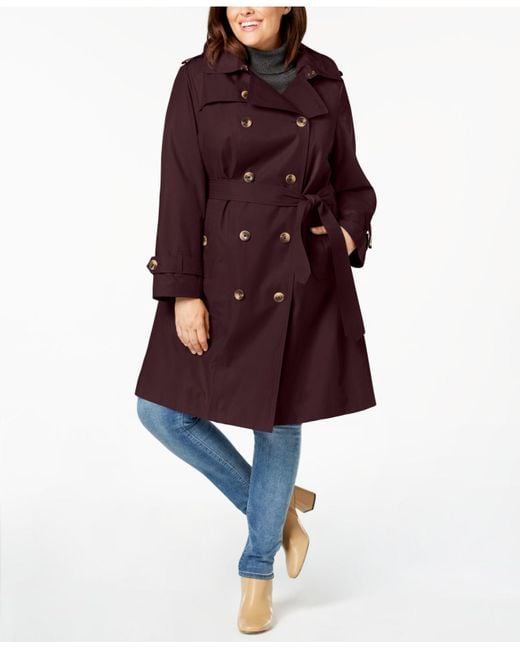 London Fog Red Plus Size Double-breasted Hooded Trench Coat, Created For Macy's