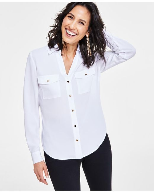 INC International Concepts White Collared Button-down Blouse