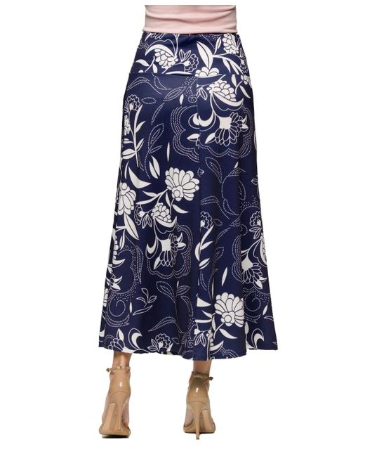 24seven Comfort Apparel Blue Navy Floral Print Elastic Waist A Line Maxi Skirt