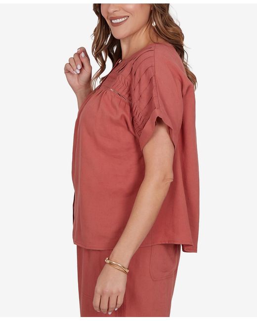 Ruby Rd Red Plus Size Lightweight Pleated Short-sleeve Top