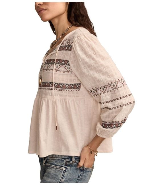 Lucky Brand Natural Mixed Trim Peasant Top