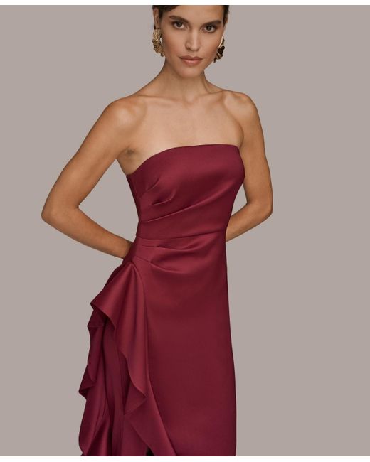 Donna Karan Red Strapless Side Ruffle Dress