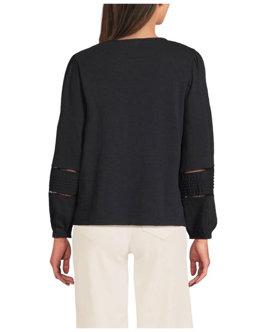 Lands' End Black Long Sleeve Slub Pintuck Top