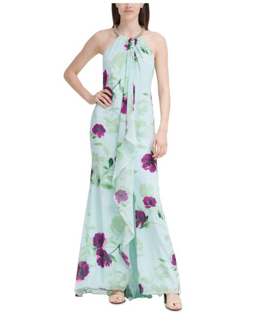 Calvin Klein Green Floral-print Cascade Gown